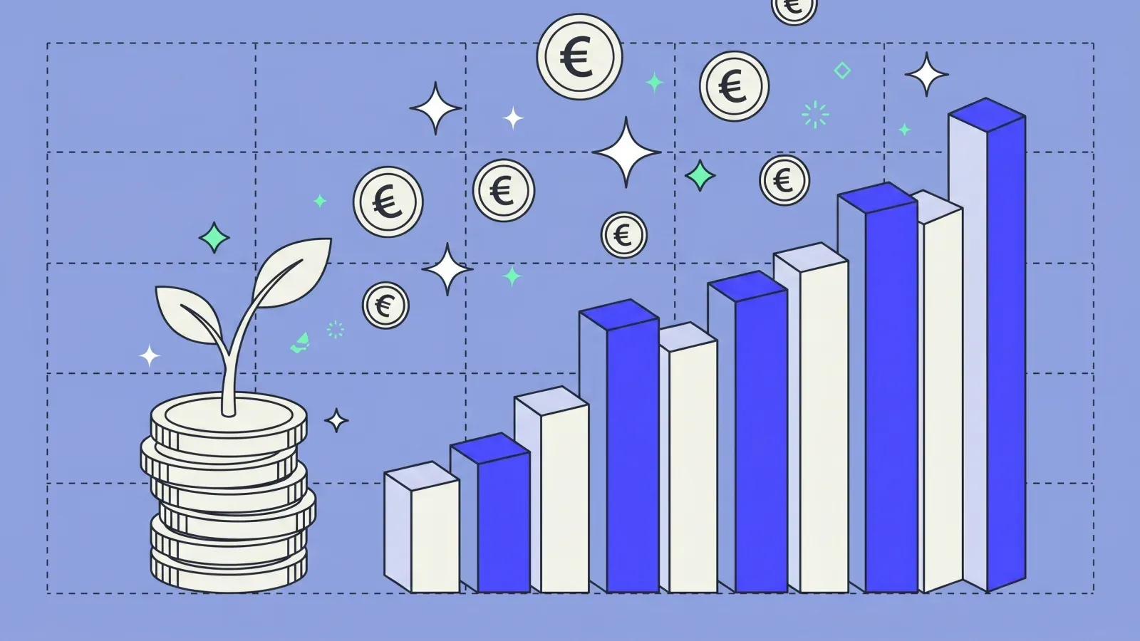 Pile de pièces, plante et barres ascendantes, le budget marketing comme investissement