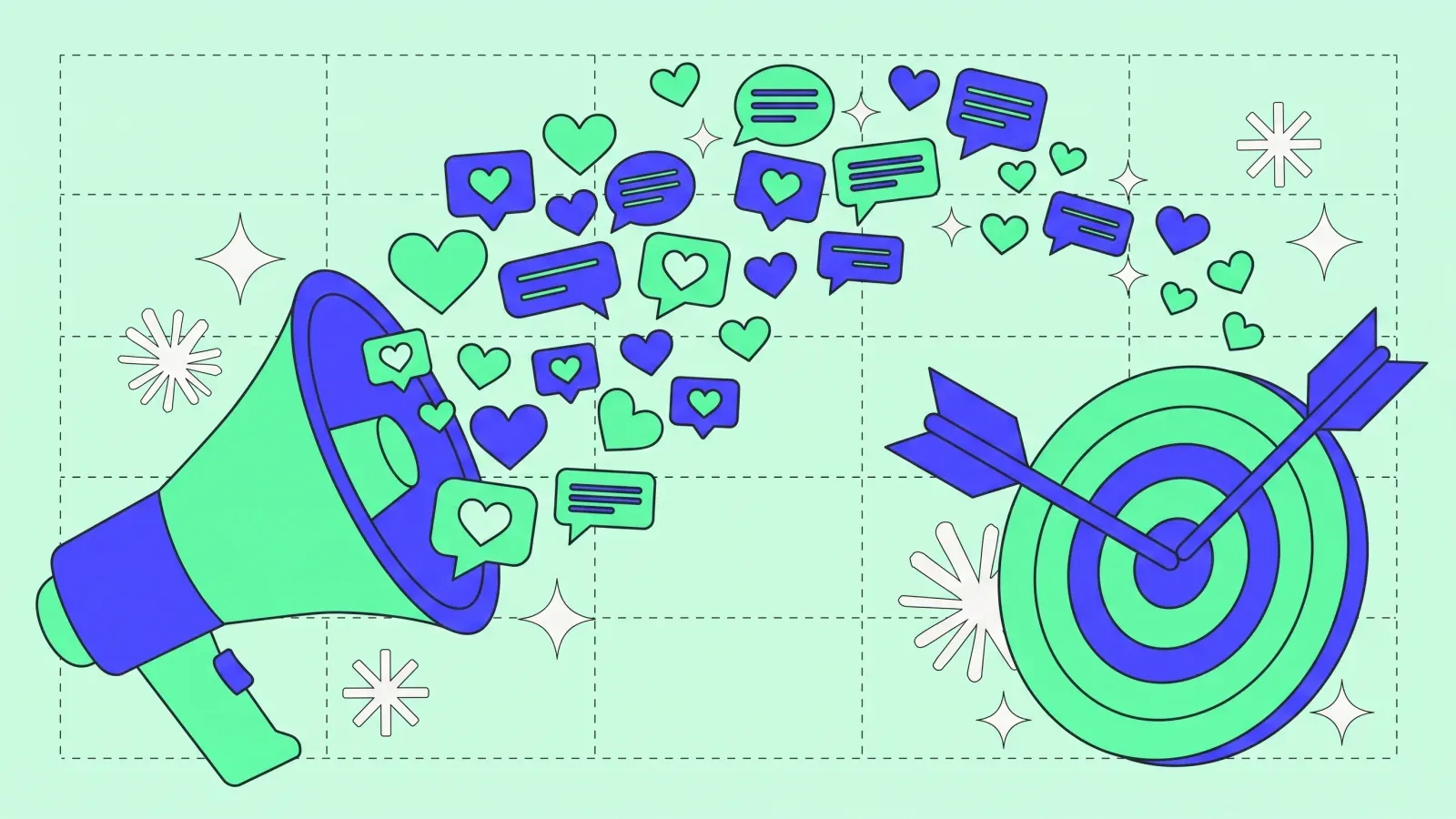 Mégaphone réseaux sociaux face à une cible stratégique, illustration éditoriale HeySquad
