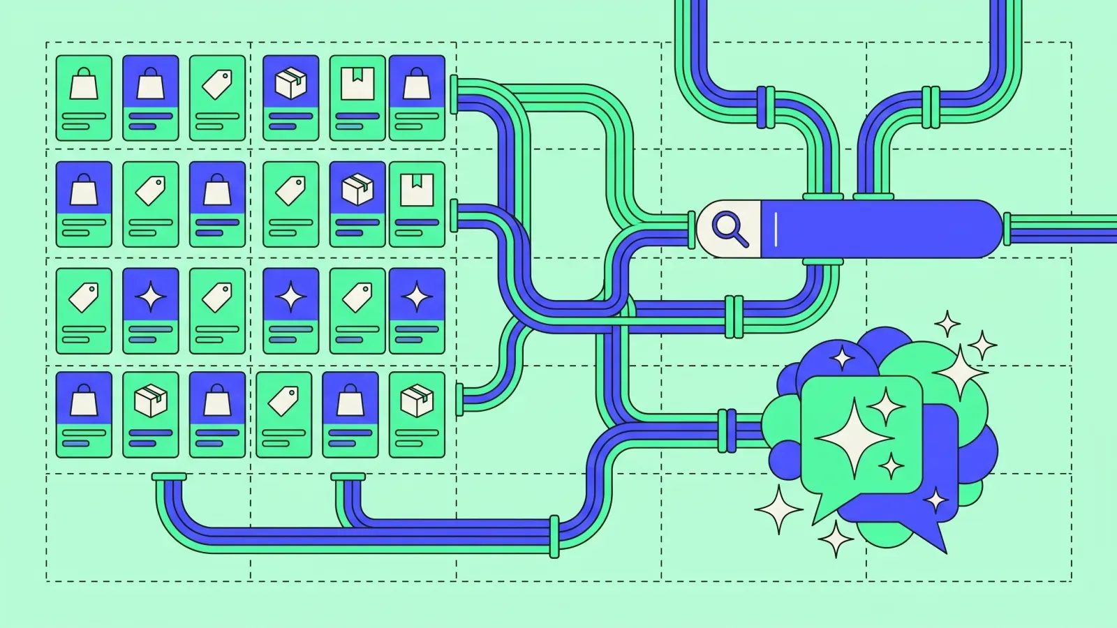 Grille de fiches produit alimentant la recherche et l'IA, le feed produit comme asset SEA SEO LLMs