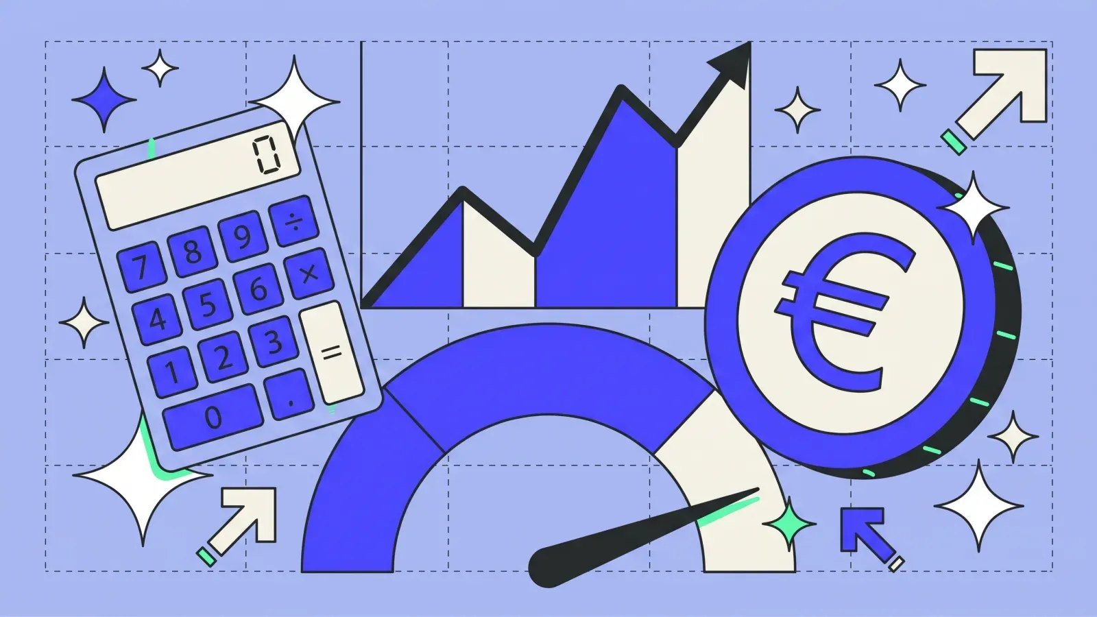 Calculateur, courbe de profit, jauge de performance et euro, mesurer le profit réel POAS