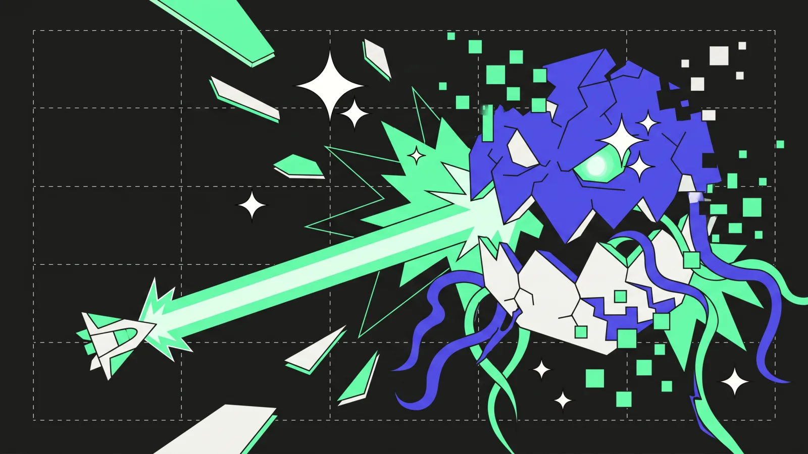 404 mini-game boss fight illustration: glitchy monster facing the ship firing a lime laser