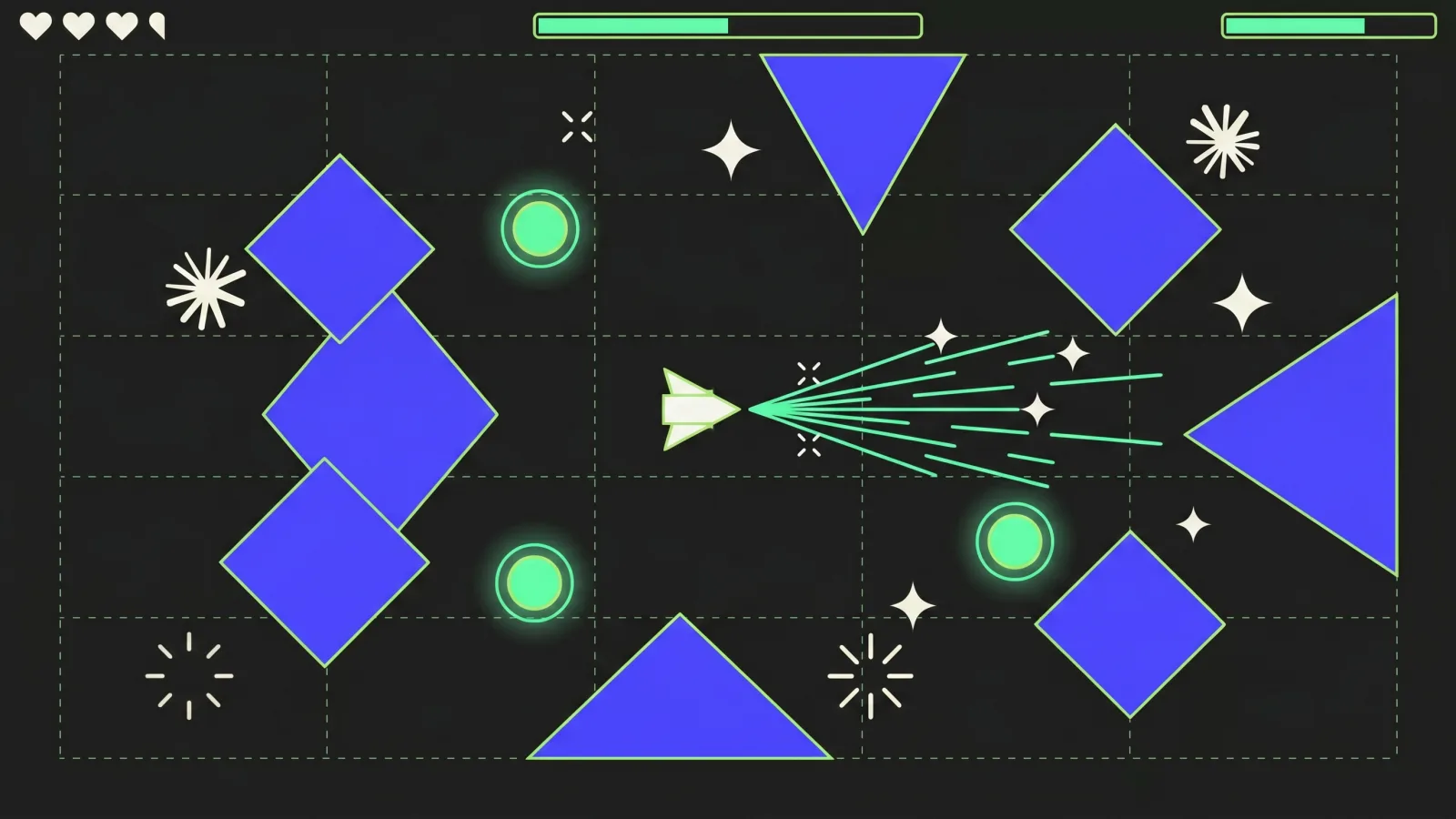 404 mini-game gameplay illustration: triangular ship, lime projectiles, geometric enemies