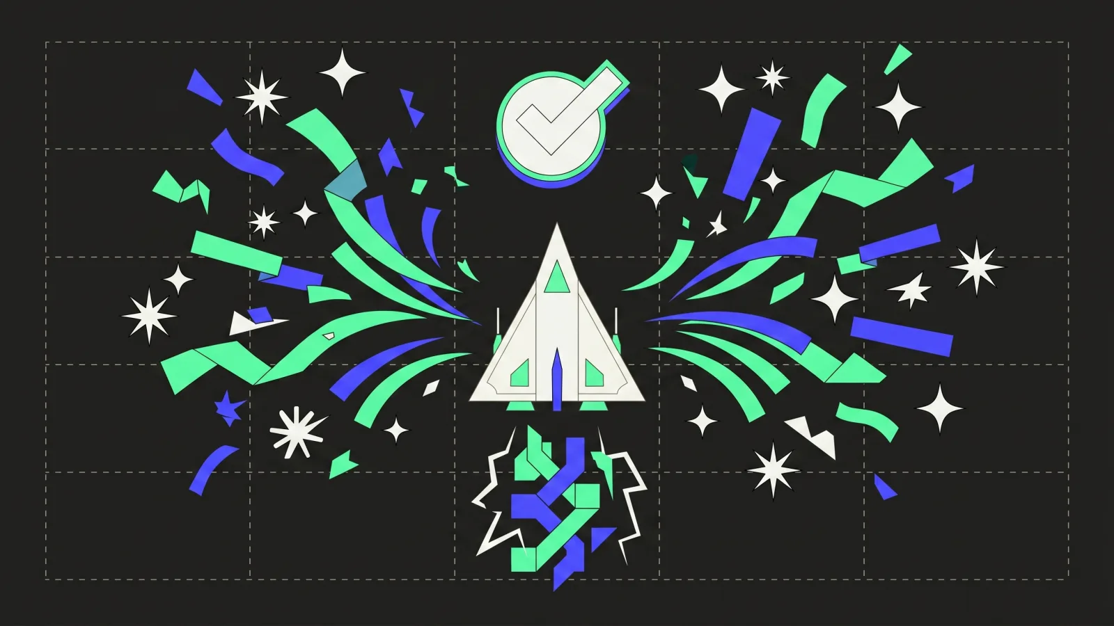 404 mini-game victory screen illustration: ship surrounded by lime and blue confetti
