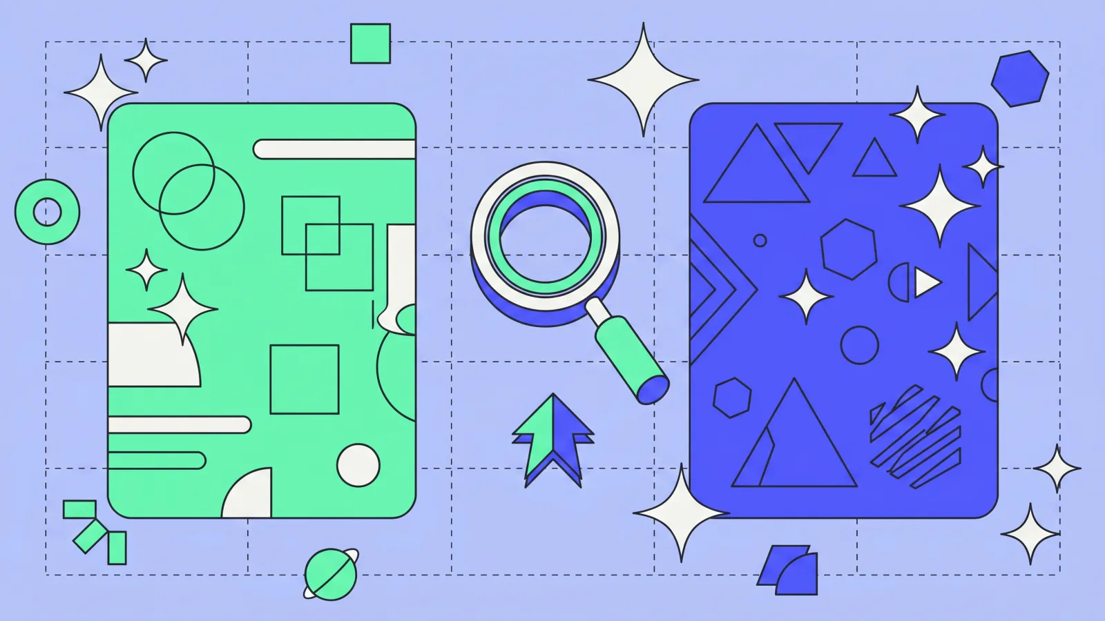Illustration: two variants side by side with a magnifier and an upward result arrow