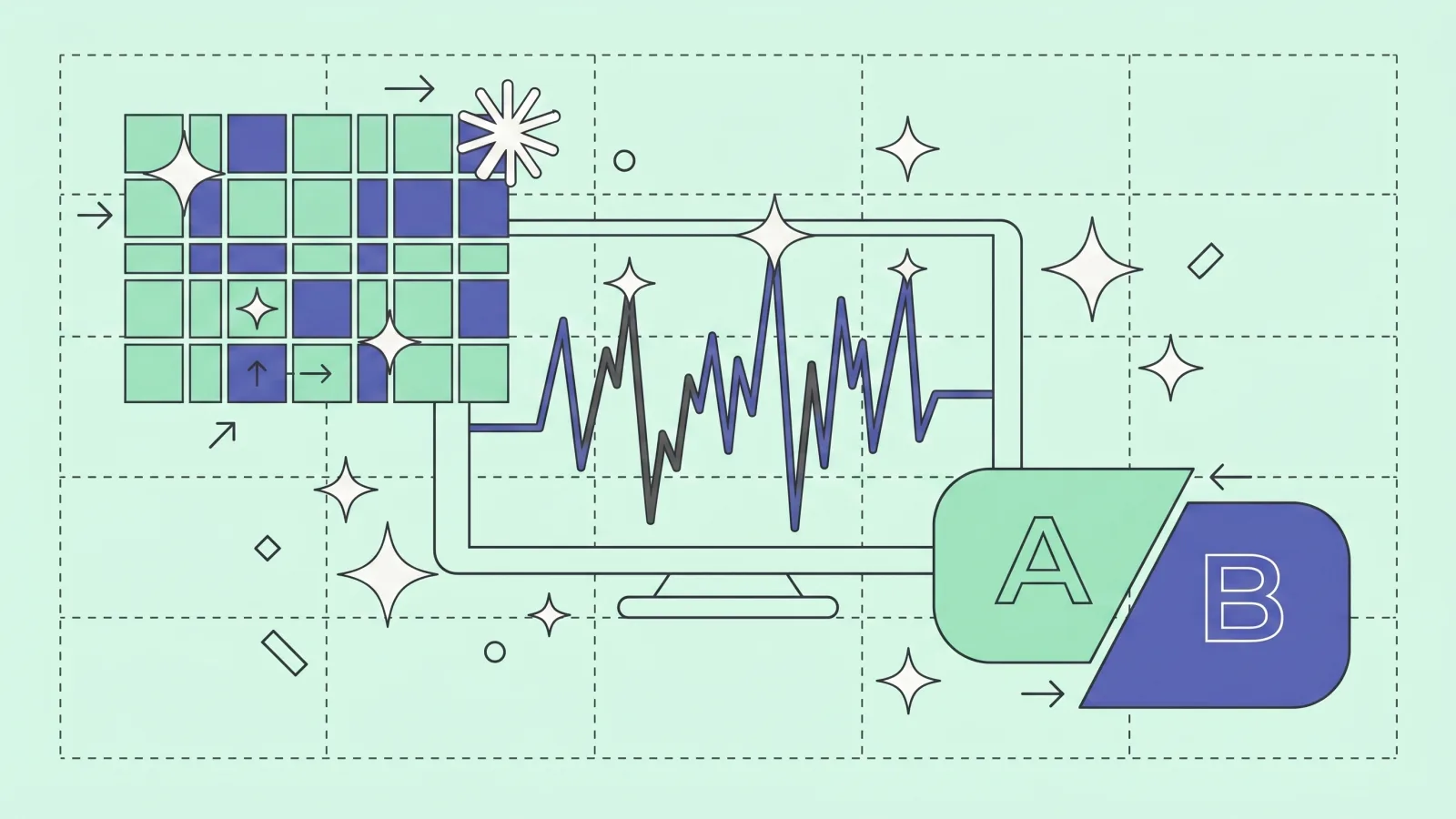 Illustration: a heatmap and a real-time curve next to an A/B toggle