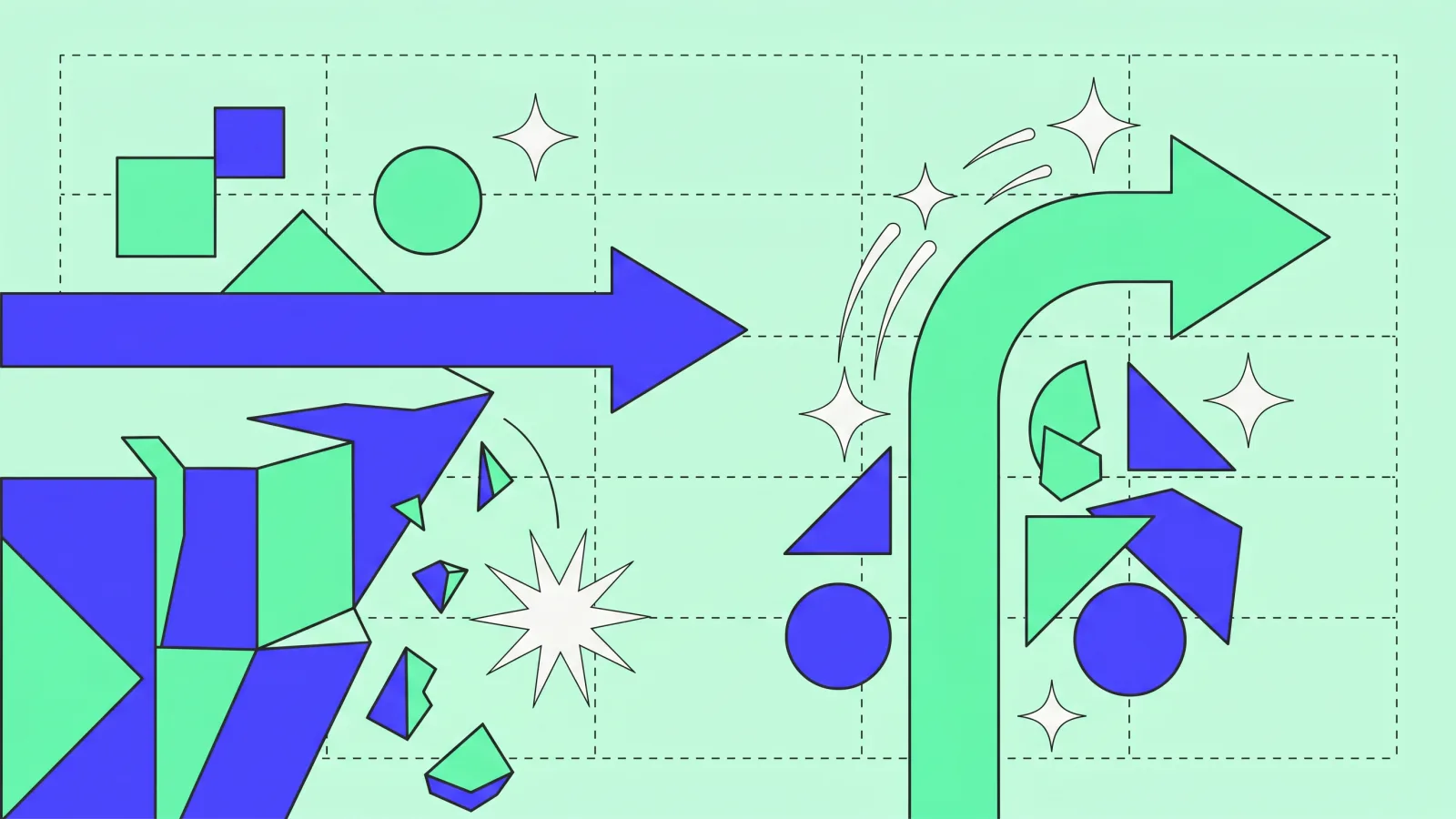 Illustration: an arrow going straight and breaking versus an arrow taking the right turn