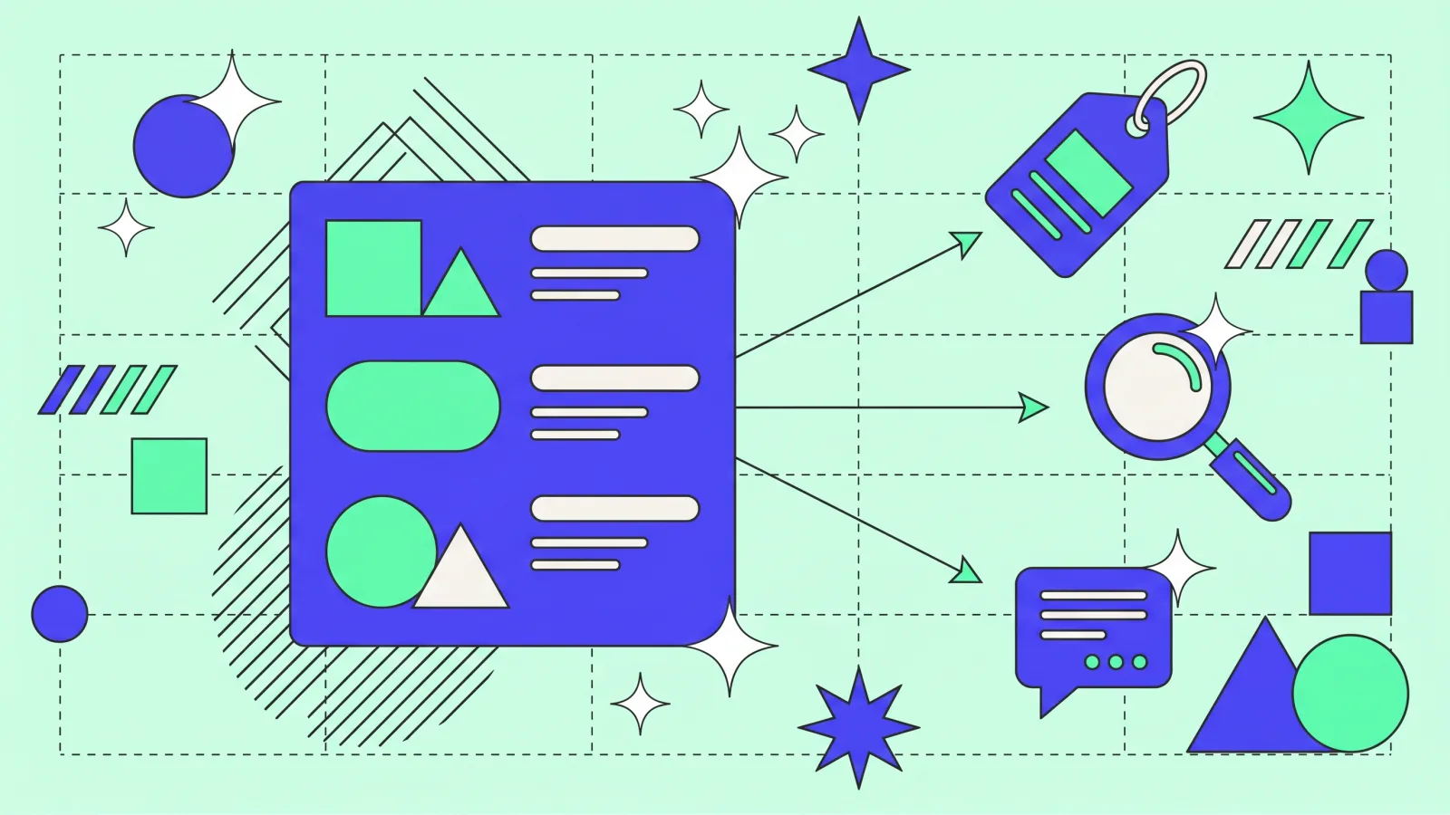 Illustration: a catalog card feeding three channels, a price tag, a magnifier and a chat bubble