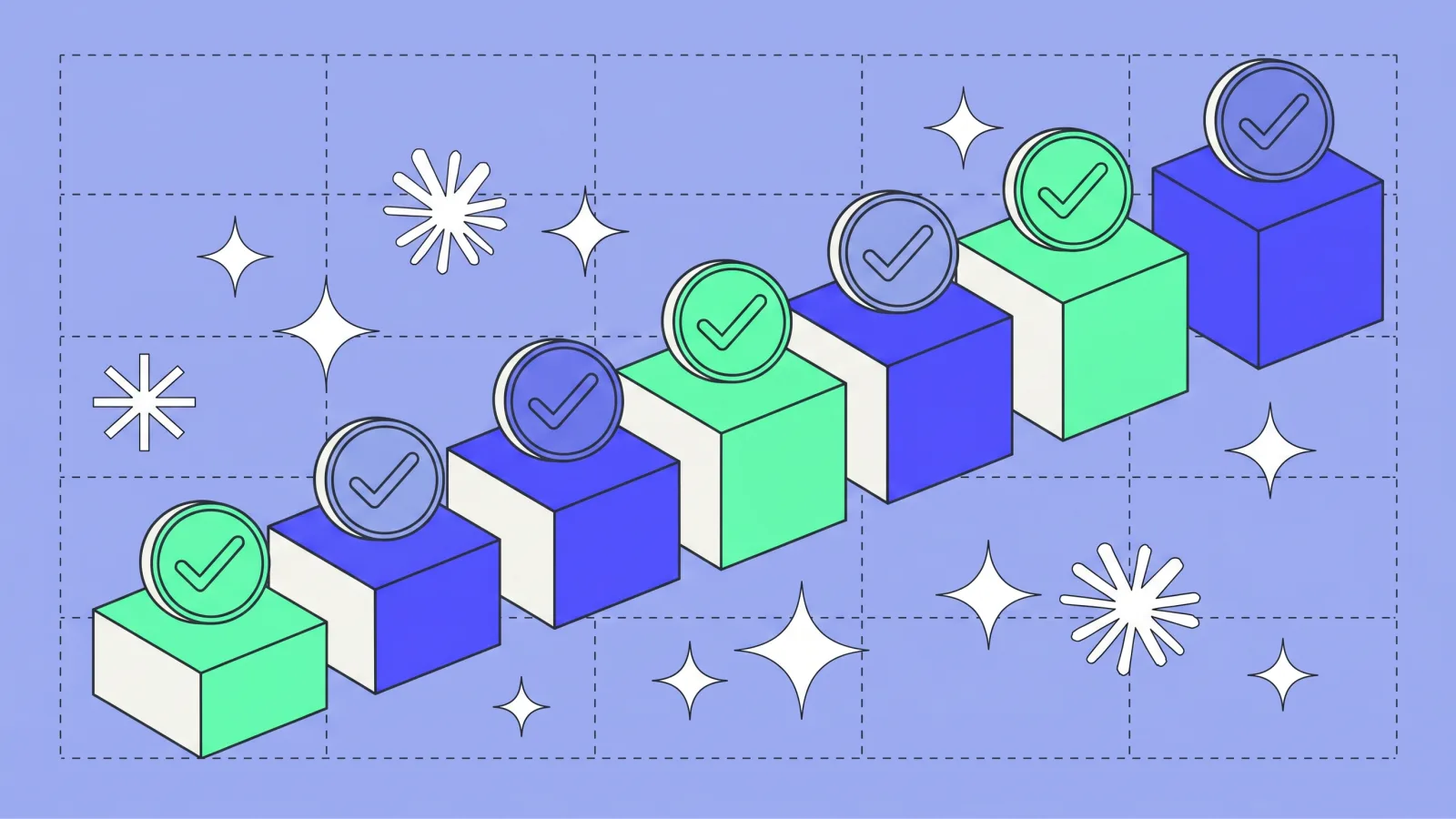 Illustration: seven growing blocks each validated by a checkmark, a catalog gaining power