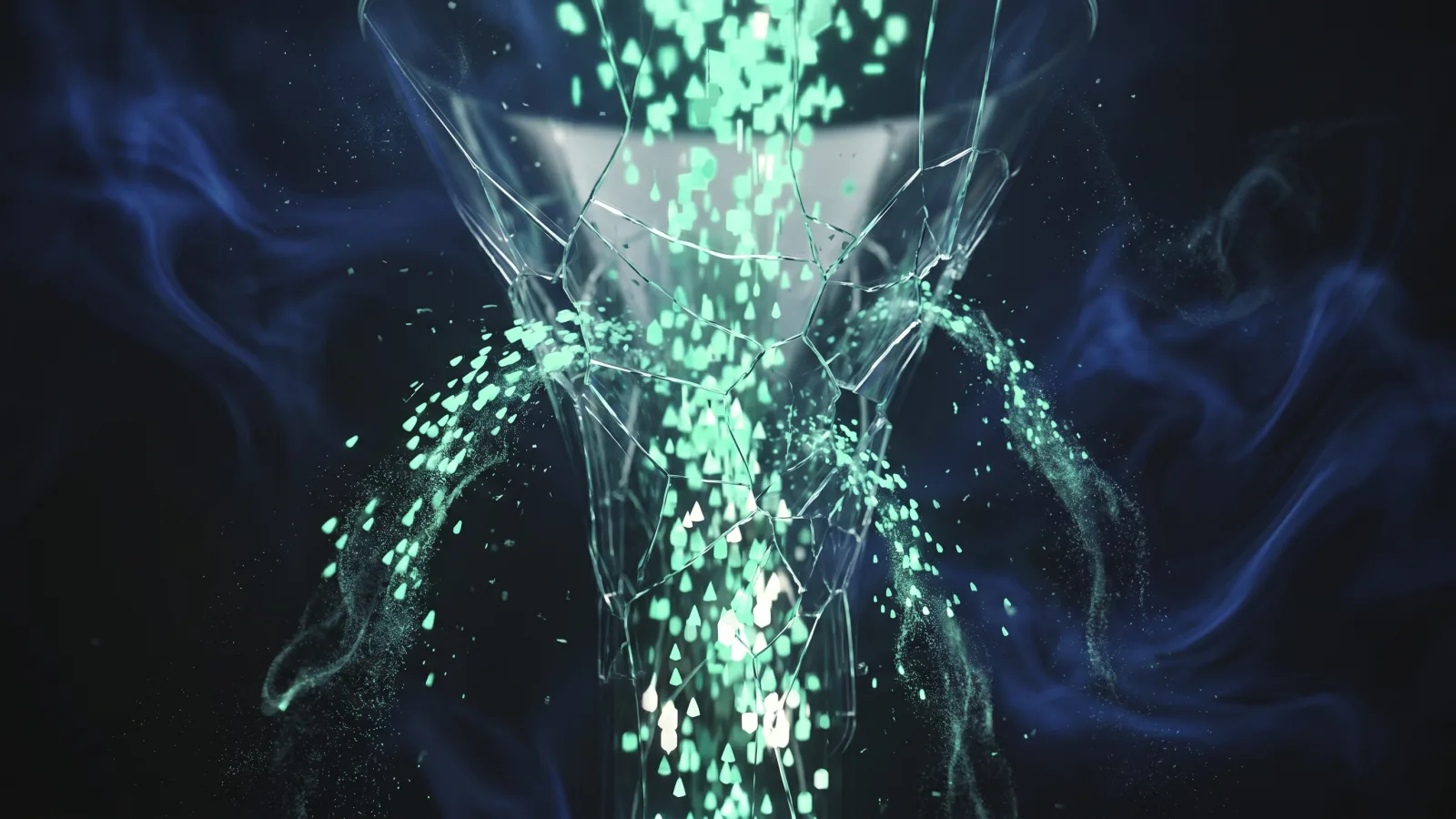 Cinematic illustration: a cracked glass funnel, glowing green data droplets leaking out through the fissures and evaporating into the dark