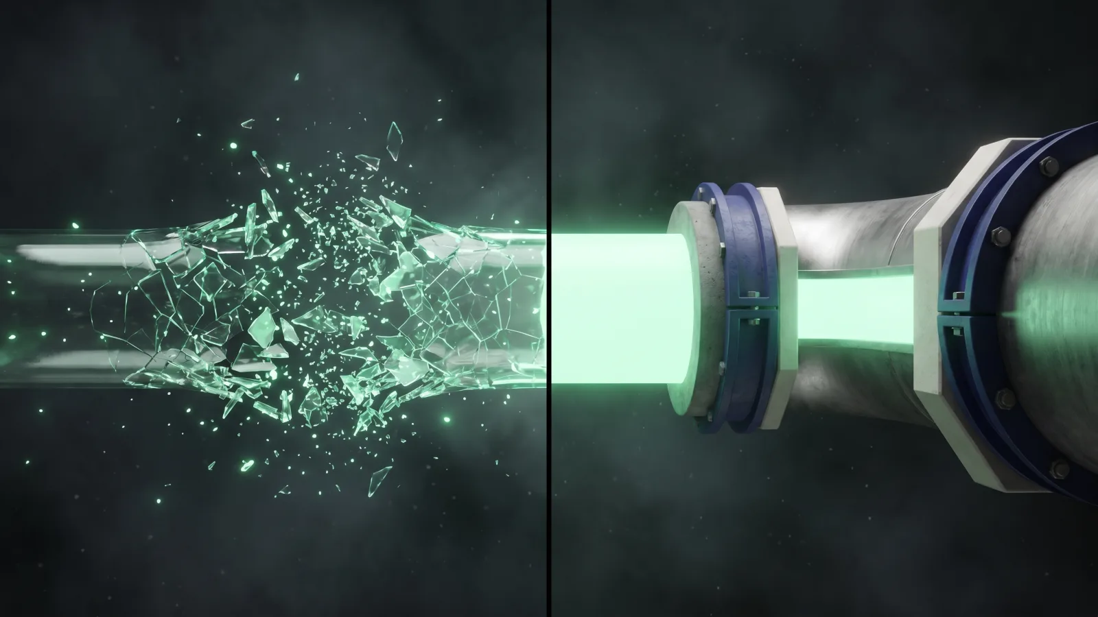 Cinematic diptych illustration: on the left a thin glass tube shattering, the light leaking out; on the right a reinforced bolted conduit carrying the same light unbroken