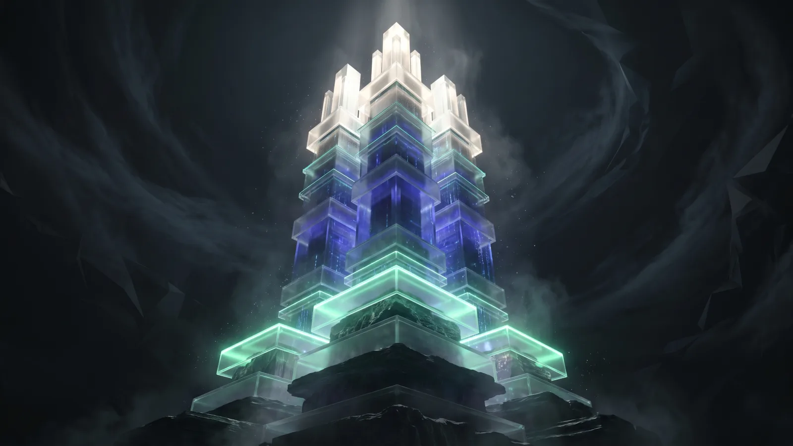 Cinematic illustration: a monolithic tower of stacked glowing strata, green and blue, rising from a rock base in the haze