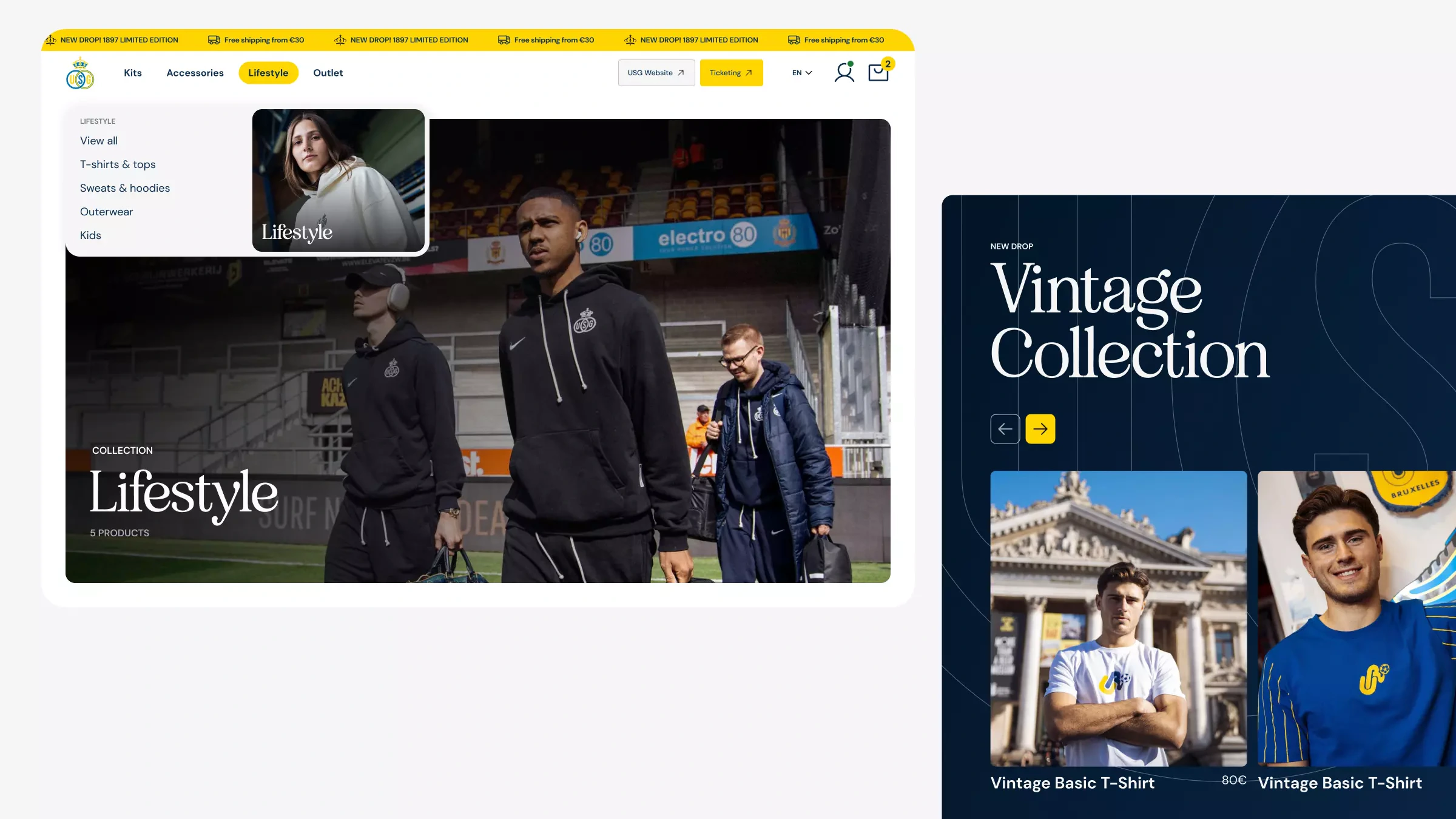 Capture de l'e-shop de l'Union Saint-Gilloise : à gauche, le menu Lifestyle déroulé au-dessus d'une photo de joueurs en survêtement noir dans les tribunes du stade, à droite, un panneau bleu nuit « Vintage Collection » présentant deux t-shirts portés dans Bruxelles.