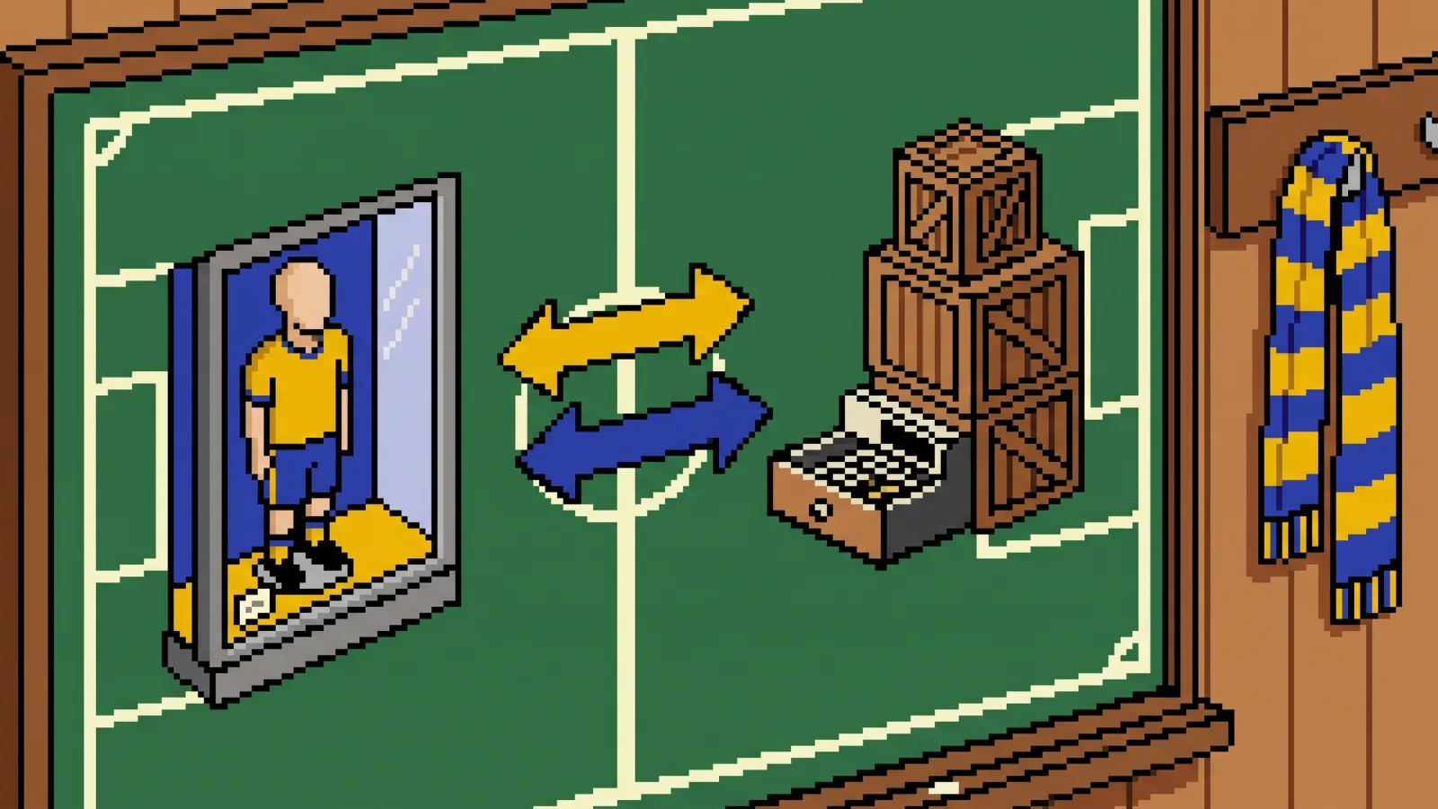 Pixel art : tableau tactique de vestiaire, terrain vert coupé en deux par une ligne ivoire, une vitrine avec mannequin à gauche, des caisses et un tiroir-caisse à droite, des flèches qui traversent la ligne dans les deux sens, une écharpe jaune et bleue accrochée à côté.