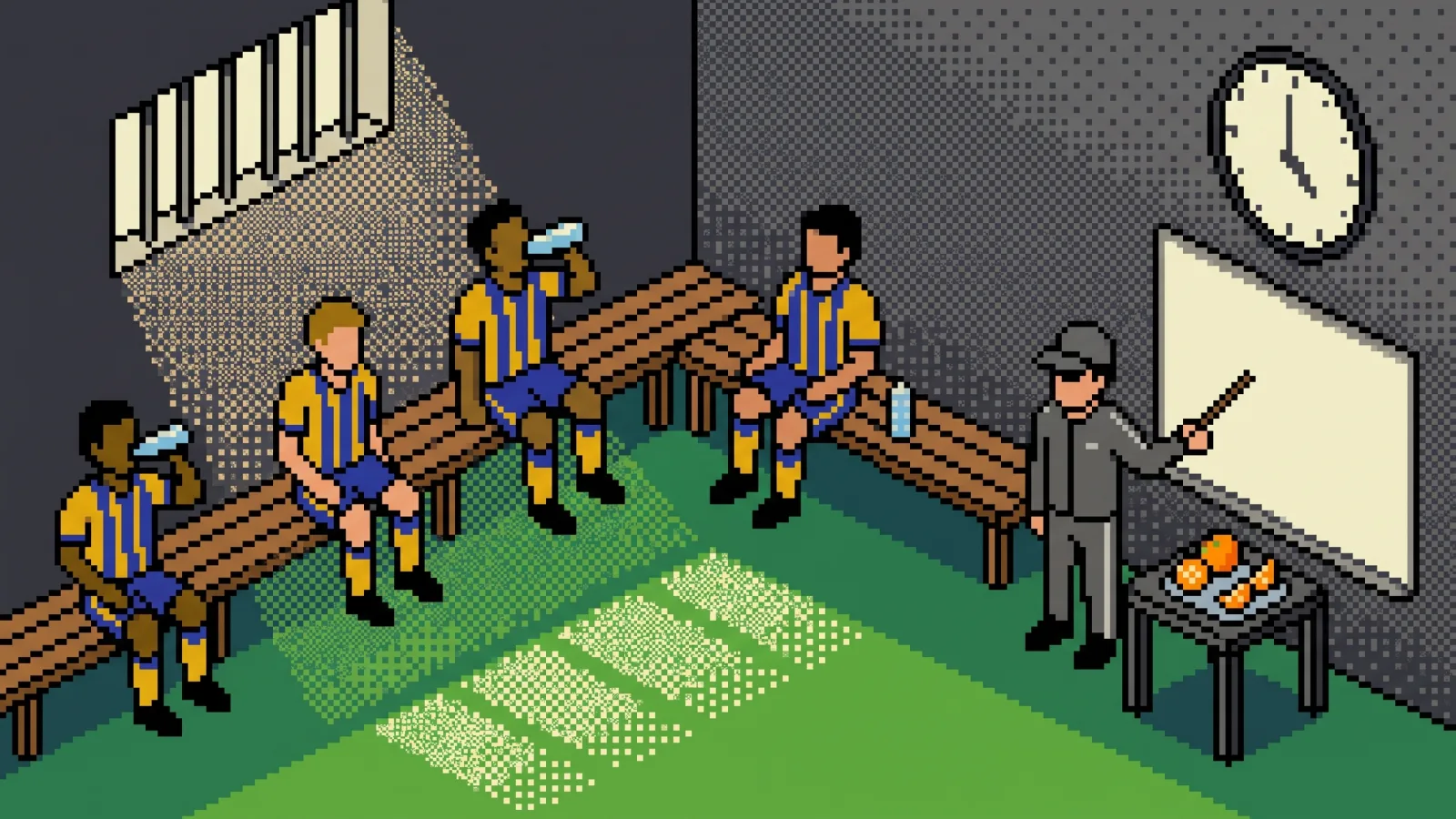 Pixel art : vestiaire à la mi-temps, quatre joueurs en jaune et bleu assis sur des bancs, un entraîneur debout devant un tableau vide, des quartiers d'orange sur un plateau, une horloge sans chiffres au mur.