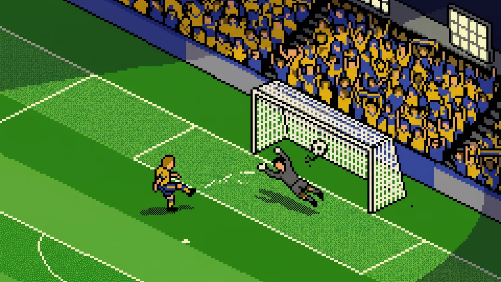 Pixel art isométrique : un attaquant en jaune et bleu en pleine volée à l'entrée de la surface, le ballon qui tend le filet, le gardien gris qui plonge trop tard, la tribune jaune et bleue derrière le but bras levés, sous les projecteurs.
