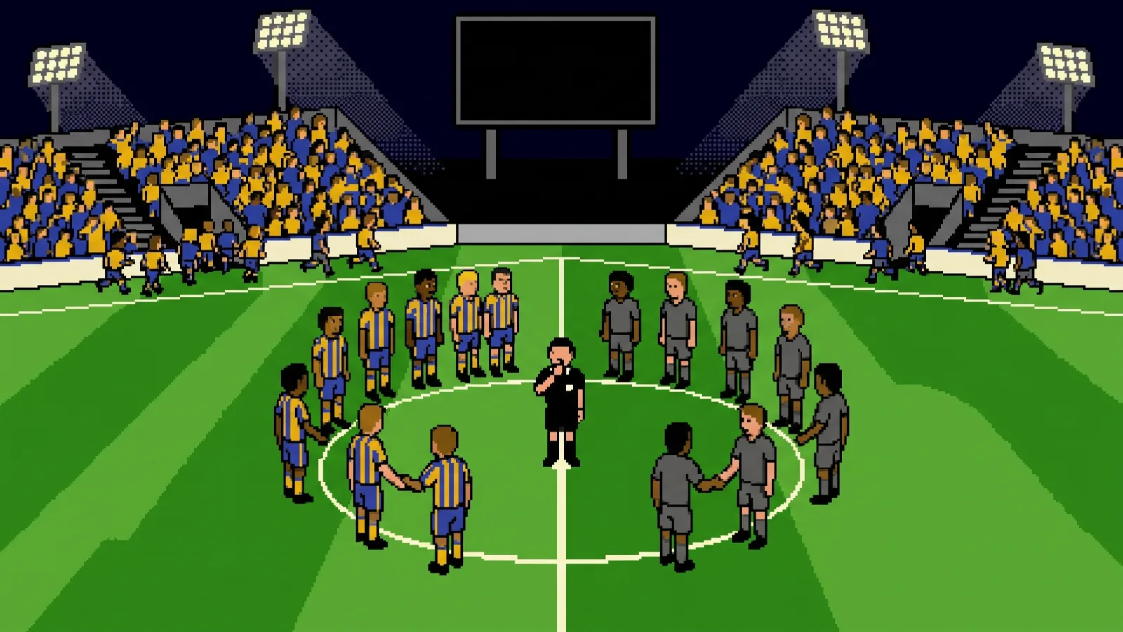 Pixel art isométrique : coup de sifflet final, l'arbitre au centre sifflet levé, joueurs jaune et bleu et joueurs gris qui se serrent la main en cercle, tribunes qui se vident sous les projecteurs, panneau d'affichage vide au loin.