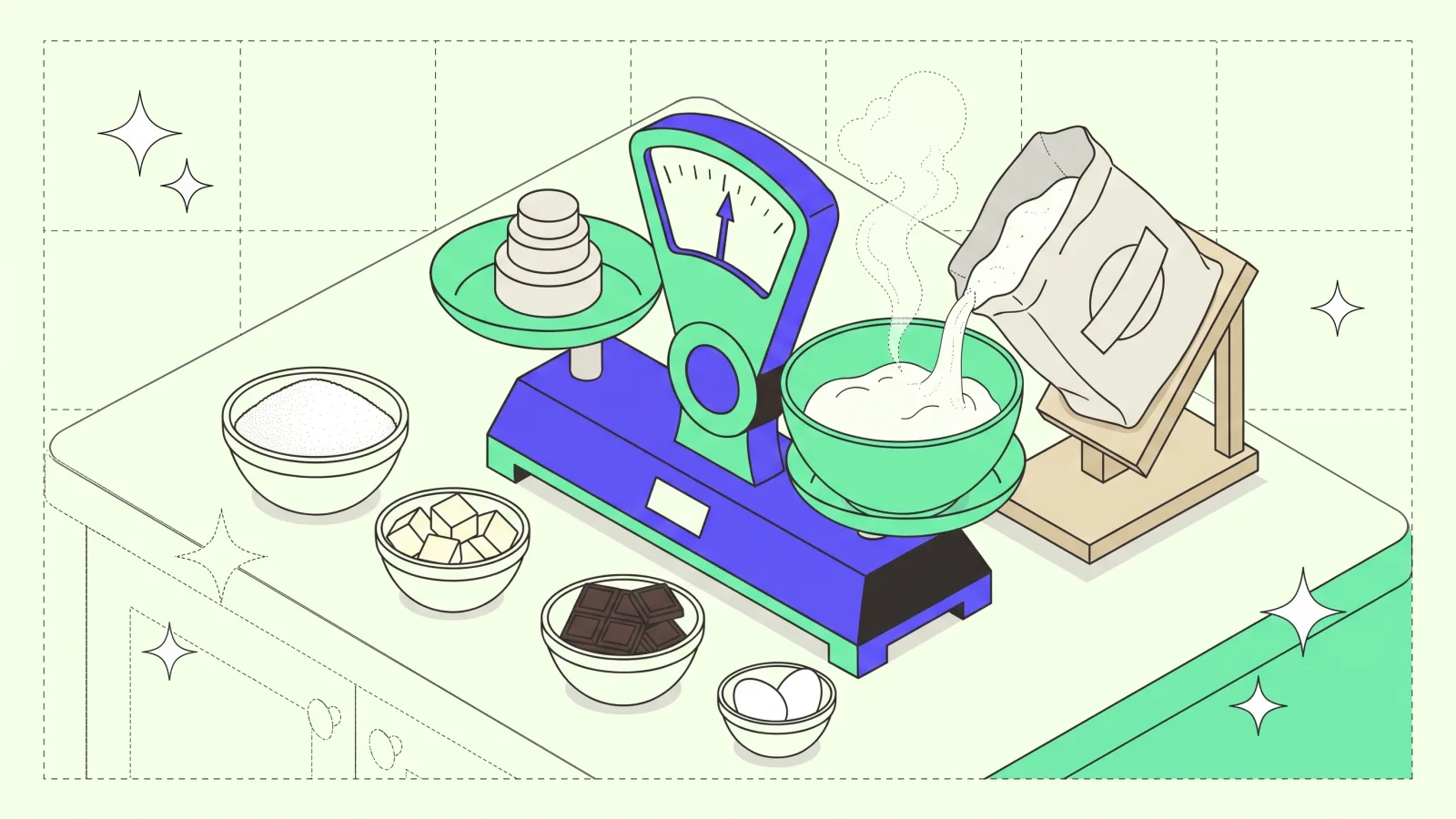 A two-pan balance scale mid-weighing: stacked weights on the left pan, a bowl on the right pan receiving flour poured from a sack propped on a wooden stand; around it, small bowls of sugar, butter and chocolate, two eggs.