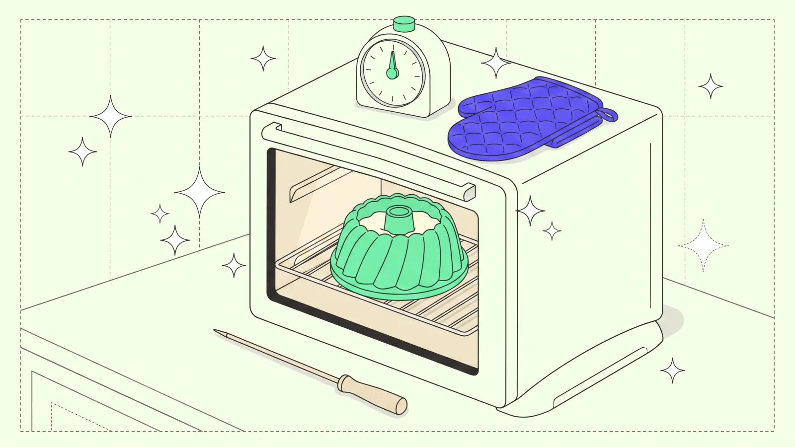 A glass-door oven with a fluted cake mold baking inside, a mechanical timer and an indigo oven mitt on top, a wooden cake tester lying in front of the door.