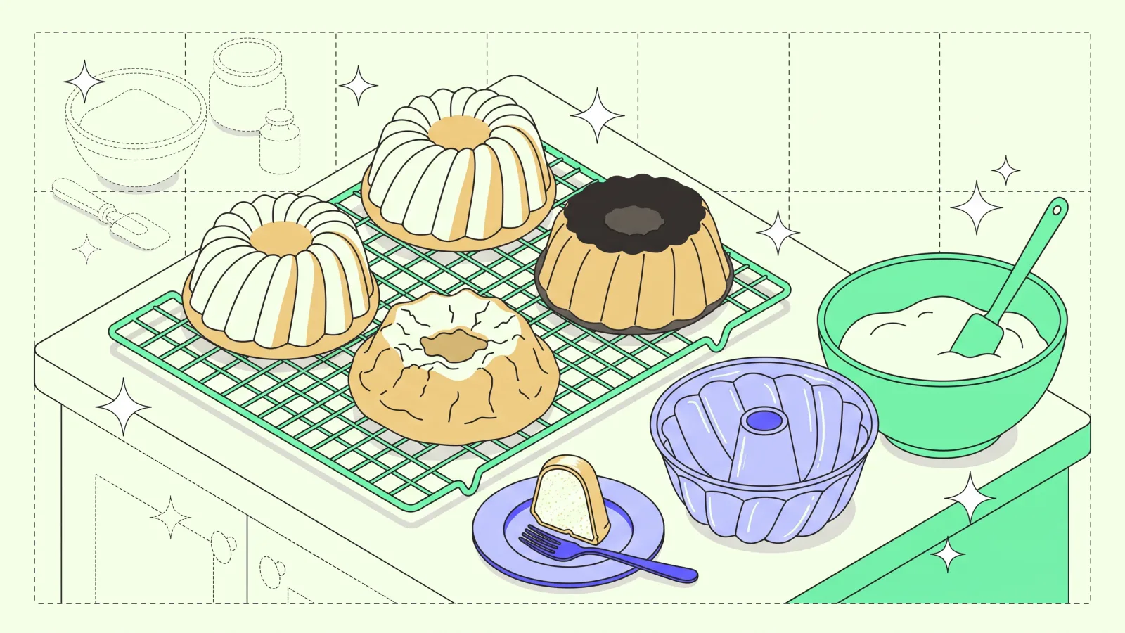 A cooling rack with four unmolded cakes: two well risen, one collapsed and cracked, one overbaked with a darkened top; in front, a cut slice on a plate with a fork; beside it, the empty mold and a bowl of fresh batter.