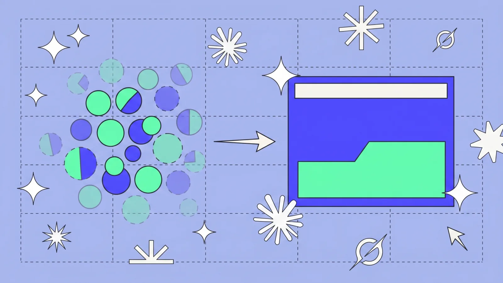 Illustration: a cloud of small audiences fading toward one dominant creative asset