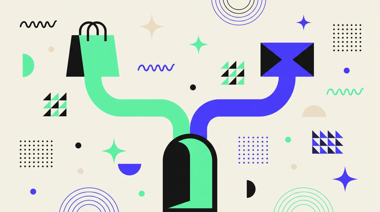Planche graphic design aux formes plates : une seule porte en arche noire et menthe en bas, d'où partent deux rubans épais qui divergent, l'un vert menthe vers un sac de courses, l'autre bleu indigo vers une enveloppe.