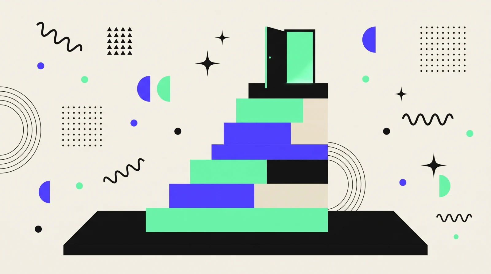 Planche graphic design aux formes plates : une large dalle noire au sol, surmontée de blocs vert menthe, bleu indigo et beige empilés en escalier, avec une petite porte ouverte tout en haut de la pile.