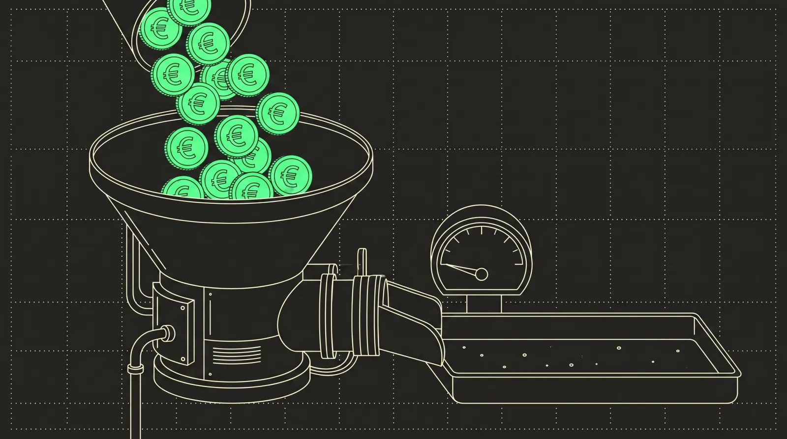 Fine-line editorial illustration: lime coins poured into a grinder, with an empty output tray and a gauge needle at zero