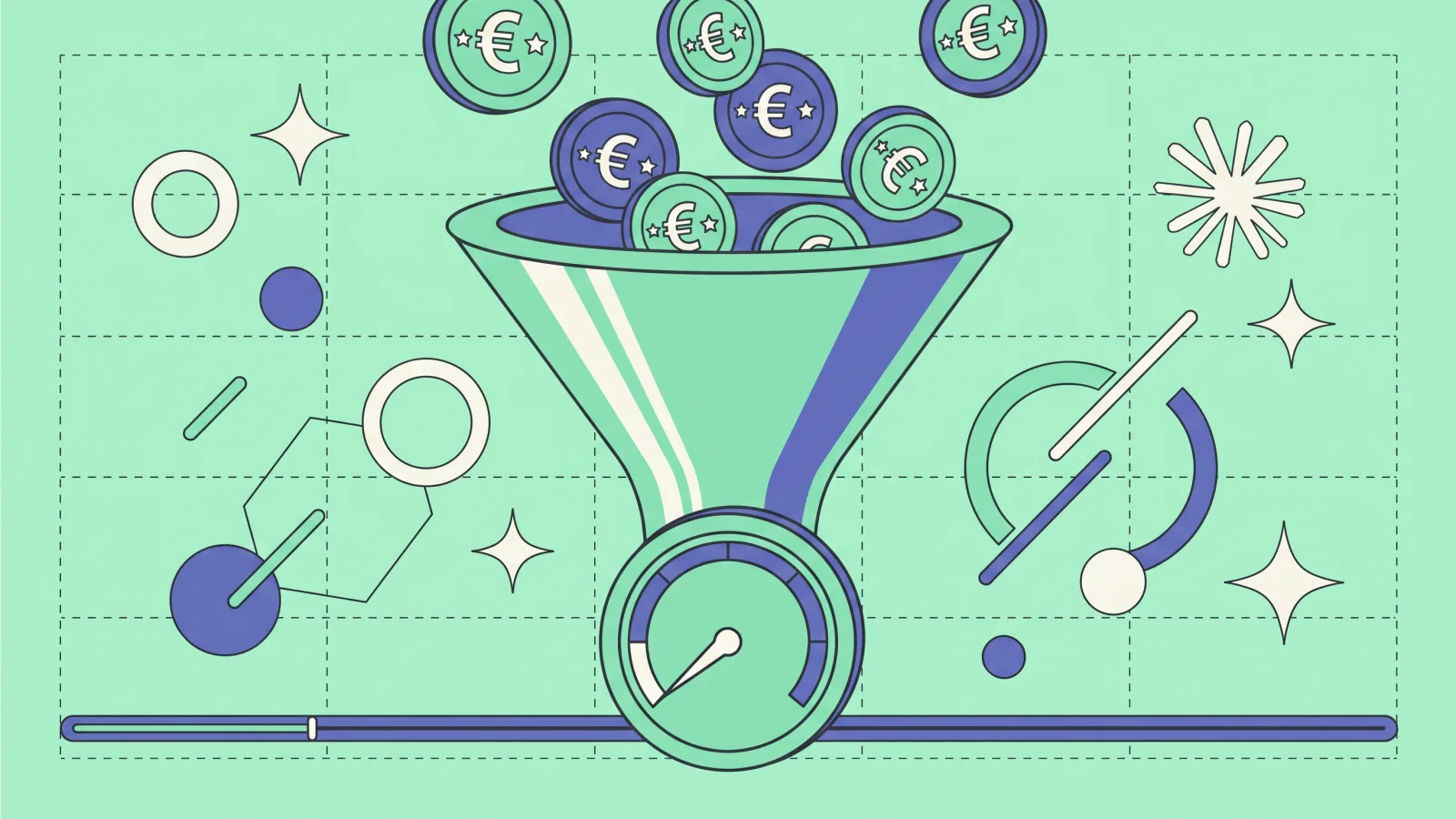 Illustration: a funnel with coins going in and an empty gauge at the bottom, budget spent with no measurable result