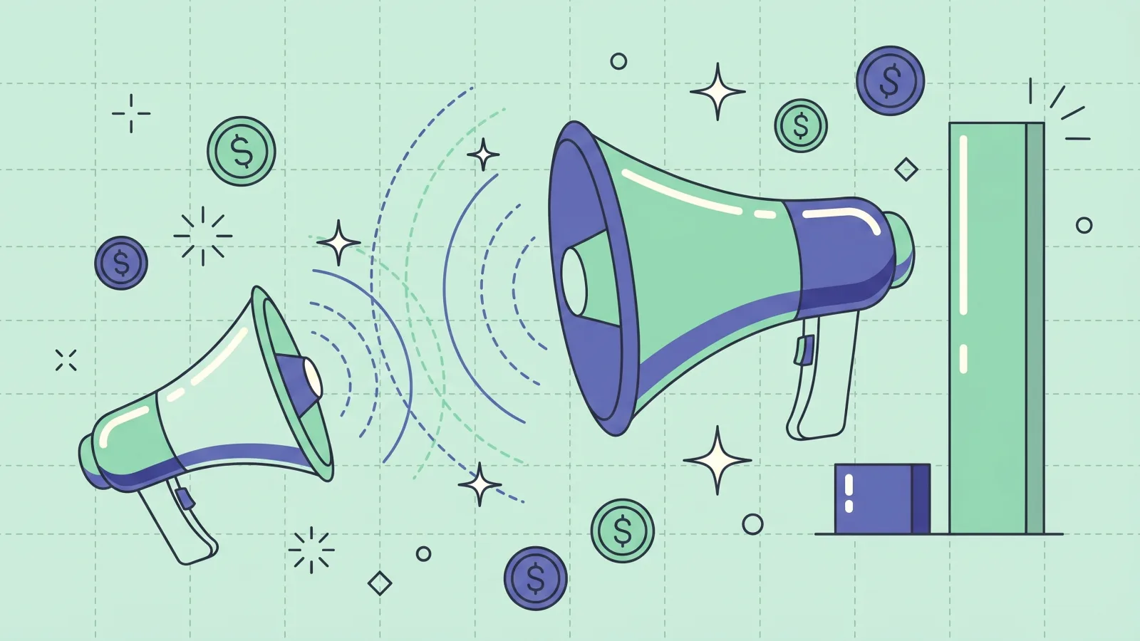 Illustration: two megaphones of very different sizes and a two-bar chart, contrasting paid reach with organic reach