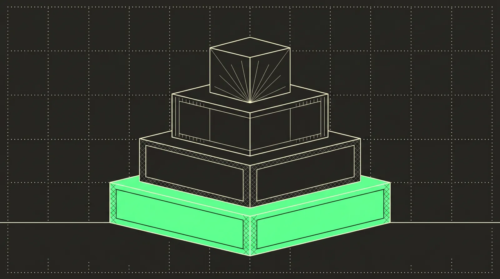 Fine-line editorial illustration: a four-tier stacked foundation, solid lime base (strategy) up to a light top tier (community)