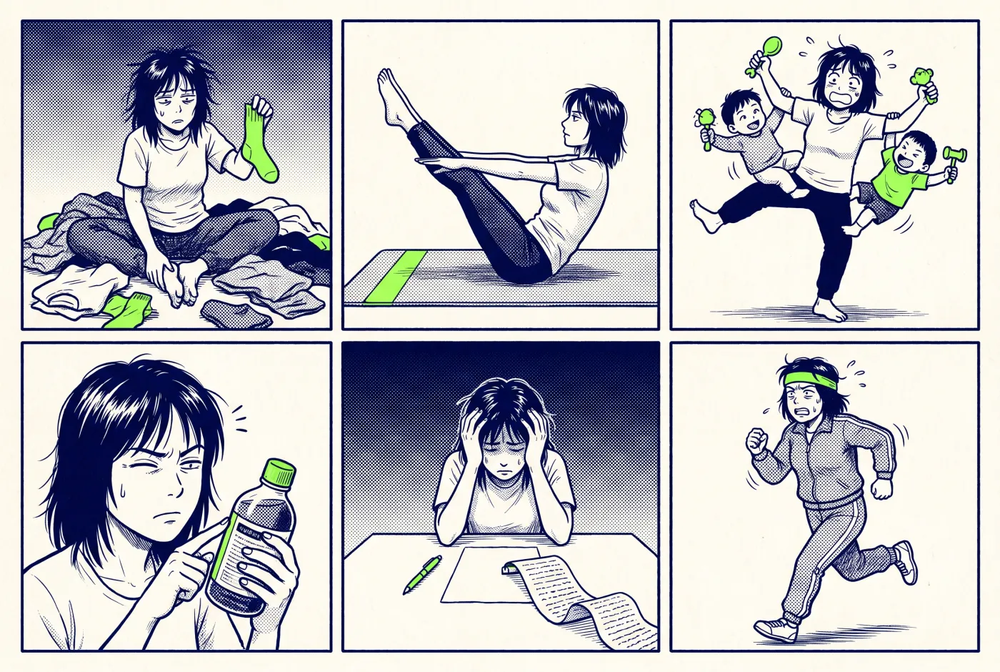 Planche manga de six vignettes : la même femme, une maman de 30 à 40 ans, face à six galères différentes (linge en désordre, pilates, deux enfants à gérer, compléments alimentaires, tête dans les mains devant une liste de tâches, jogging épuisant), accents lime.