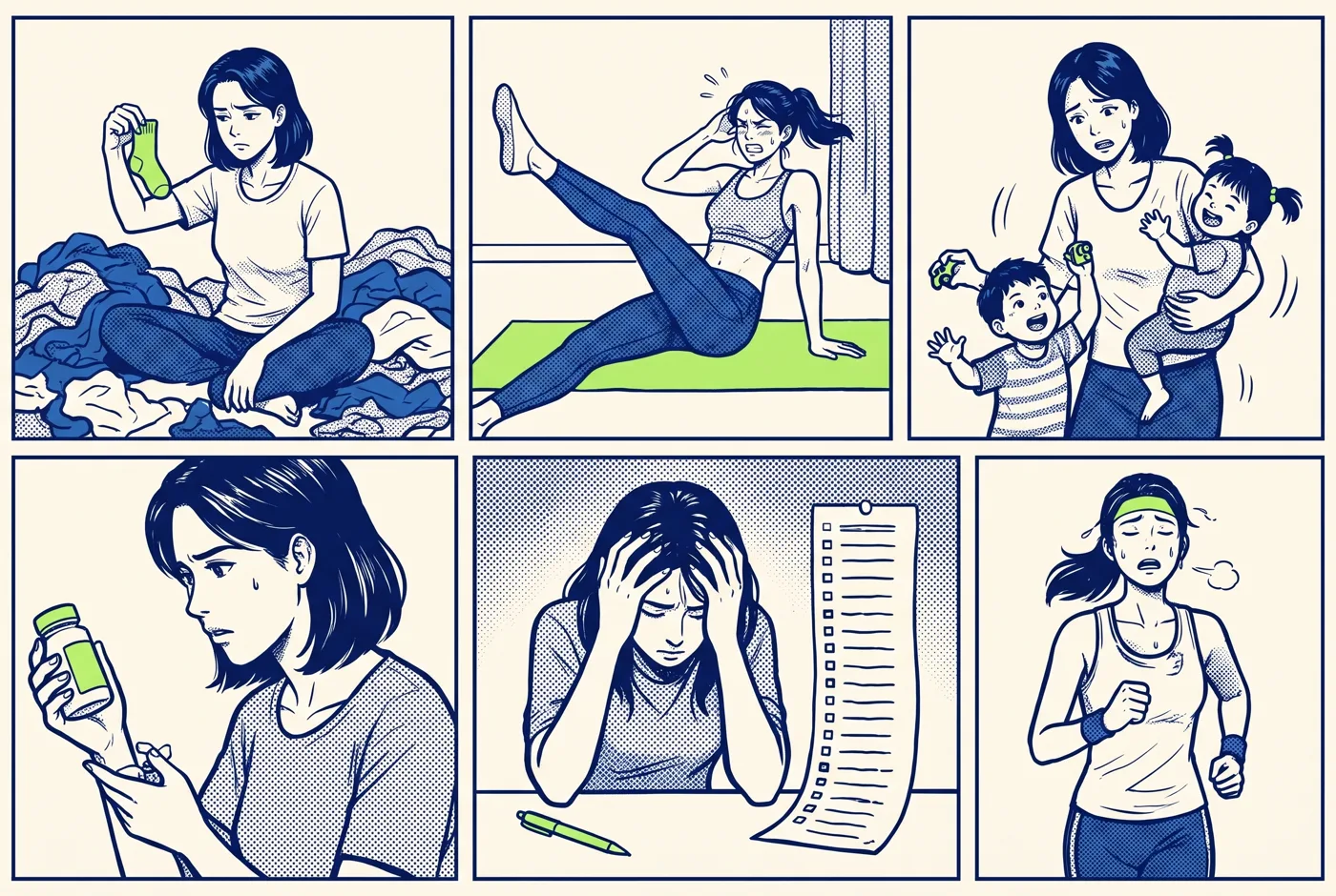 Planche manga de six vignettes : la même femme, une maman de 30 à 40 ans, face à six galères différentes (linge en désordre, pilates, deux enfants à gérer, compléments alimentaires, tête dans les mains devant une liste de tâches, jogging épuisant), accents lime.