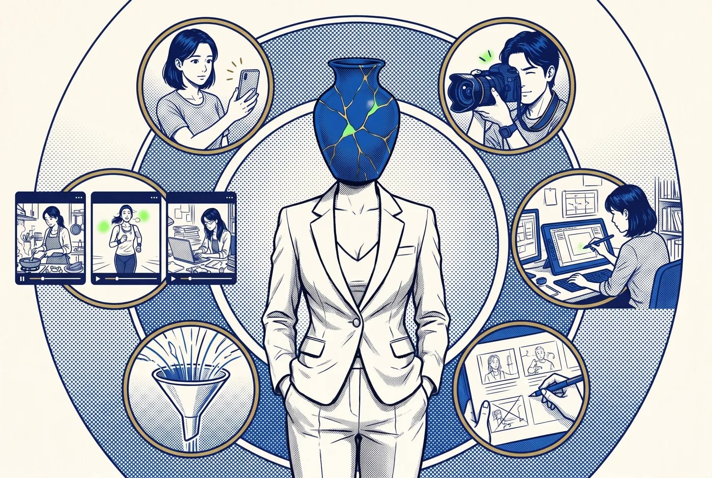 Illustration manga : la femme à tête-vase kintsugi au centre, entourée d'une rosace de vignettes montrant des créateurs qui filment, des monteurs et des écrans, comme un système qu'elle pilote, accents lime.