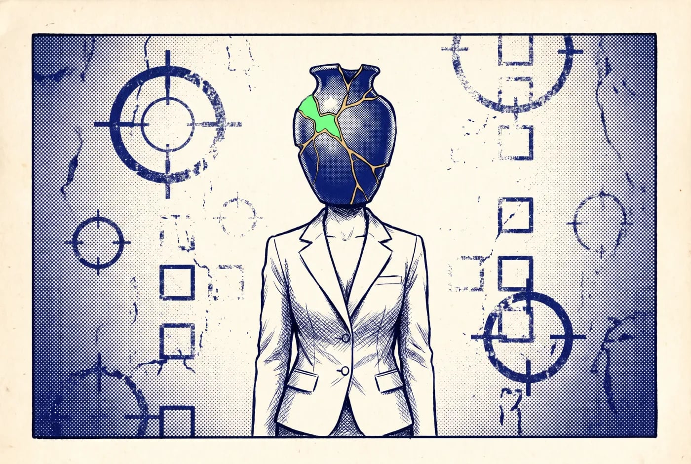 Illustration manga seinen sur fond crème : une femme en costume blanc, sans visage, sa tête remplacée par un vase en céramique bleue réparé à l'or façon kintsugi avec une fêlure lime ; autour d'elle, des viseurs et des cases à cocher de ciblage s'effacent et se brisent.