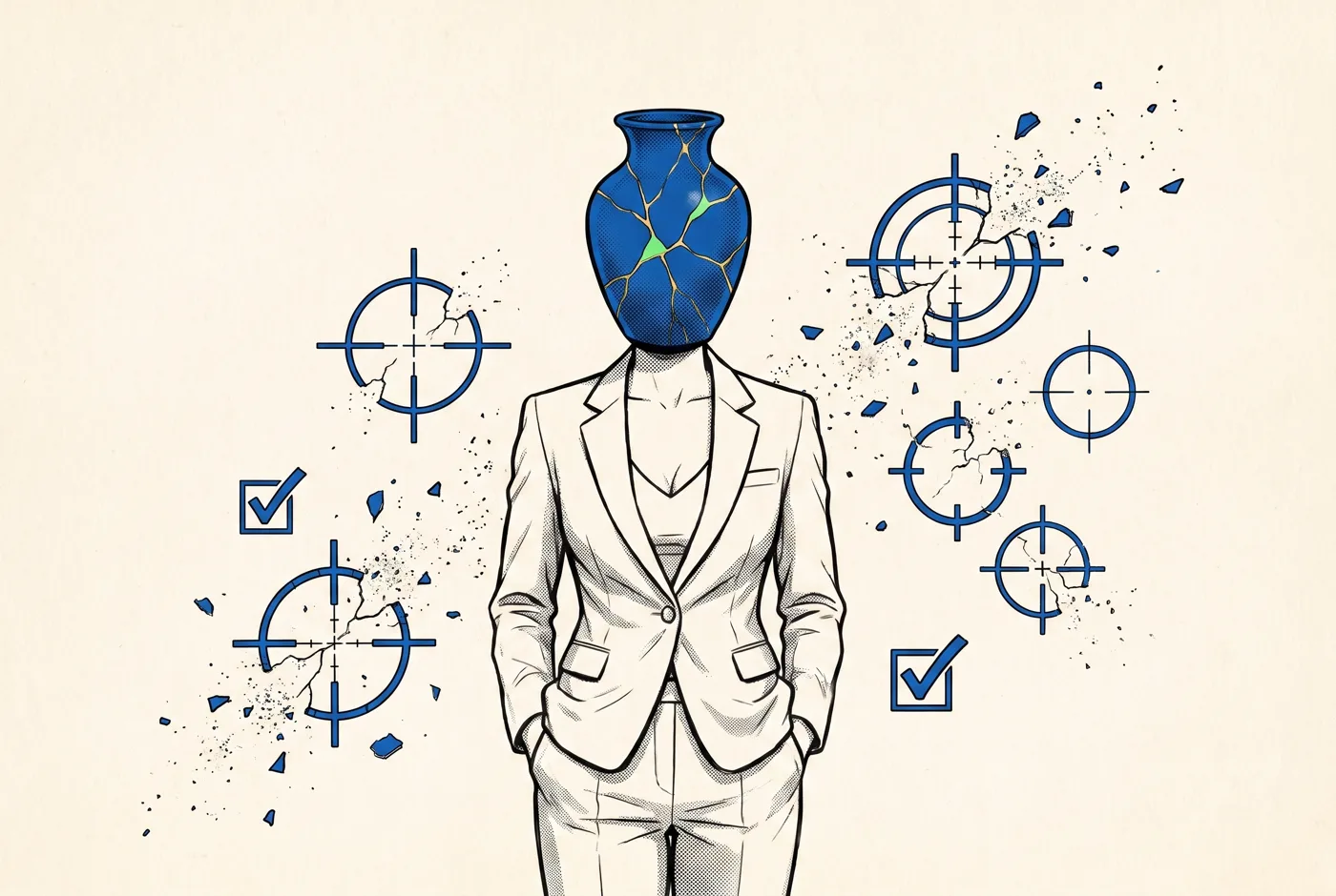 Illustration manga seinen sur fond crème : une femme en costume blanc, sans visage, sa tête remplacée par un vase en céramique bleue réparé à l'or façon kintsugi avec une fêlure lime ; autour d'elle, des viseurs et des cases à cocher de ciblage s'effacent et se brisent.