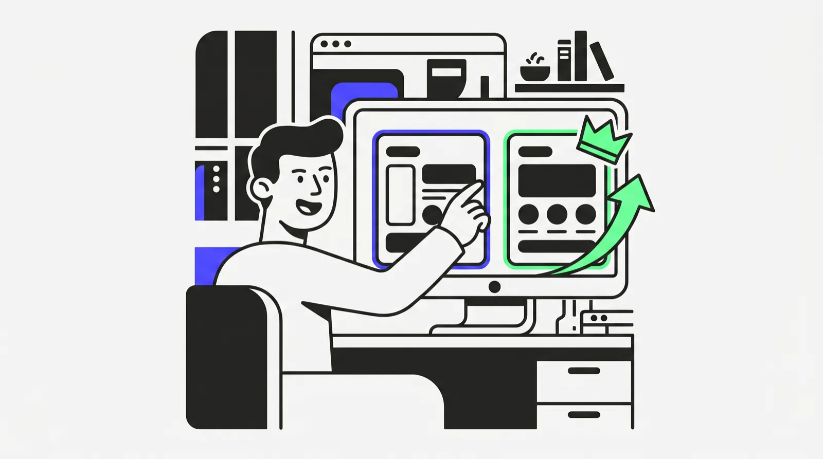 Flat illustration on an ivory background with charcoal outlines: a character launches an A/B test with two variants, one blue and one lime marked as the winner, and a lime result arrow pointing upward.