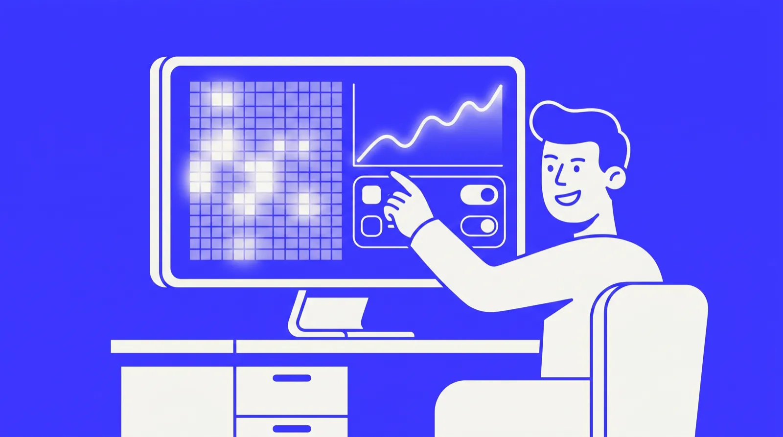 Flat two-tone ivory-on-blue illustration: a character at a desk points at a screen showing a heatmap, a rising real-time curve and an A/B selector.
