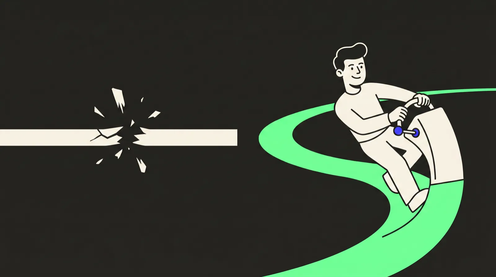 Flat illustration on a charcoal background: a rigid straight line snaps on the left, while a character on the right grips a steering wheel and follows a lime-green curved bend.