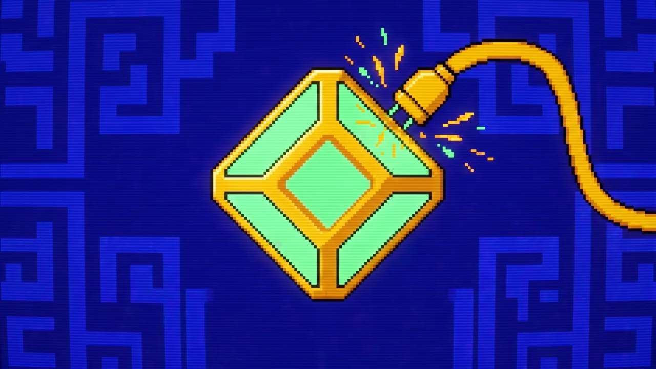 Pixel-art arcade illustration: a glowing diamond-shaped AI core being unplugged, the screen dimming with a few sparks, switched off from outside