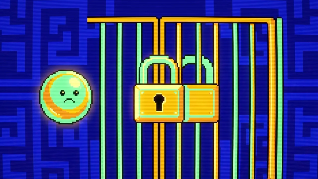 Pixel-art arcade illustration: a small glowing orb assistant stuck outside a padlocked arcade gate, on the wrong side of the door