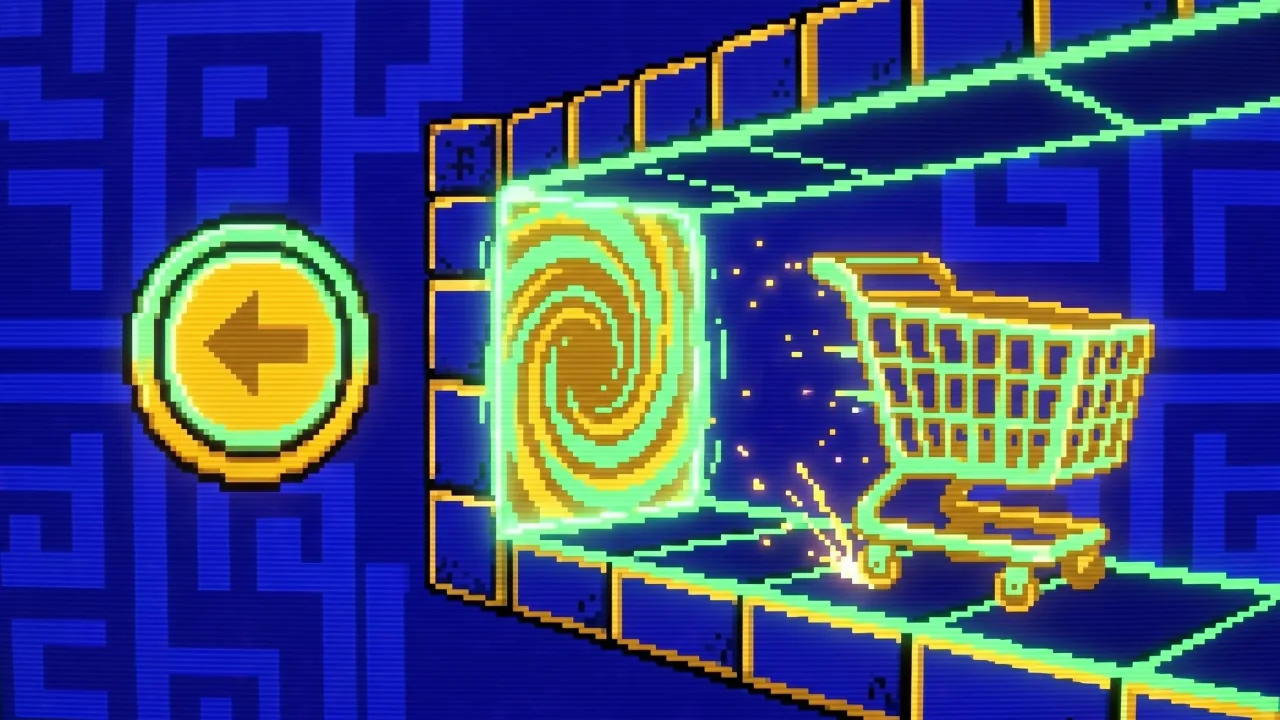 Pixel-art arcade illustration: a shopping cart reversing through a checkout tunnel toward a large glowing back-arrow button and a portal