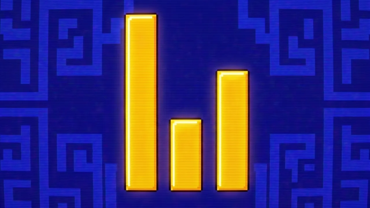 Pixel-art arcade illustration: a high-score chart with three gold bars of very unequal heights, one huge, one medium, one tiny