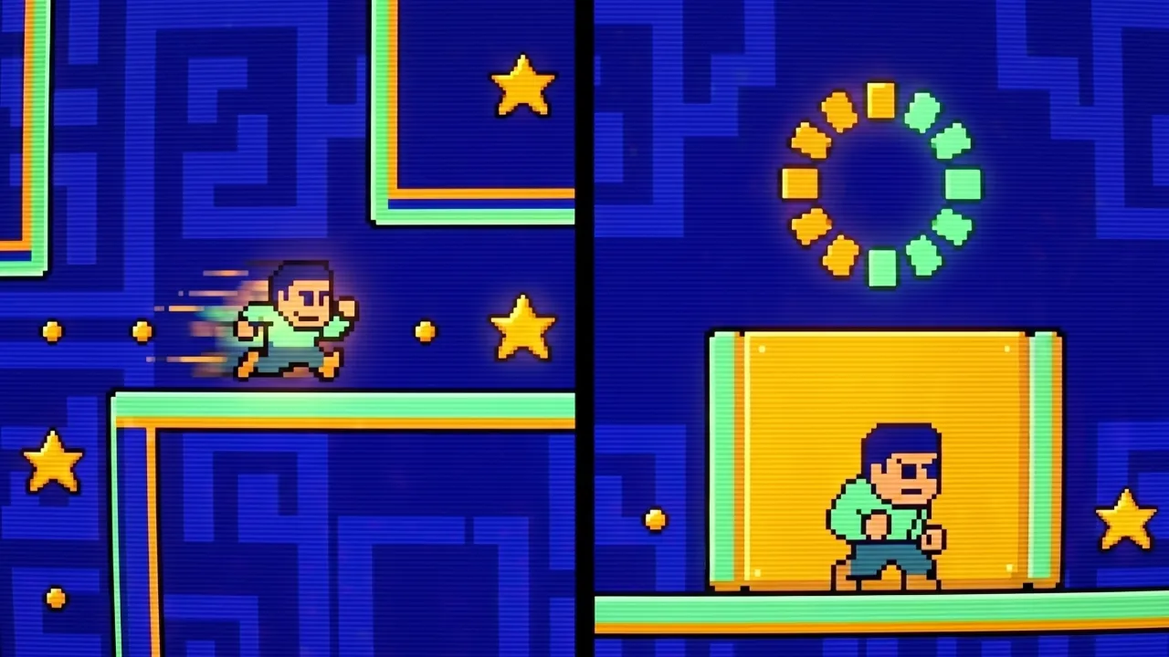 Pixel-art arcade diptych illustration: on the left a character sprinting full of energy, on the right the same character frozen behind a barrier with a loading spinner