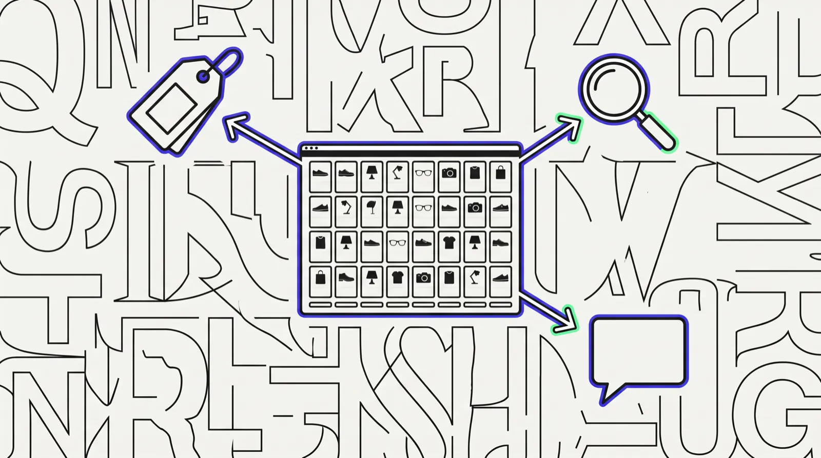 Dense typographic illustration on an ivory background: a central product catalogue (a grid of thumbnails in a browser window) feeds, via three arrows, a price tag (ads), a magnifying glass (SEO) and a chat bubble (AI), woven into giant letters.