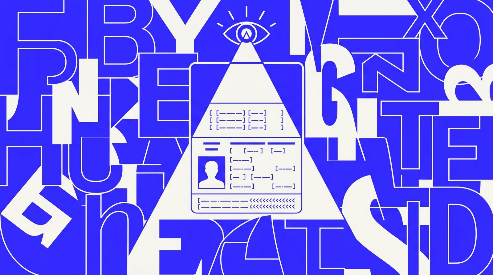 Dense typographic illustration on a blue background, all in ivory: an ID card with structured-data fields scanned by a beam from an AI eye above, a metaphor for the data passport read by AI engines.