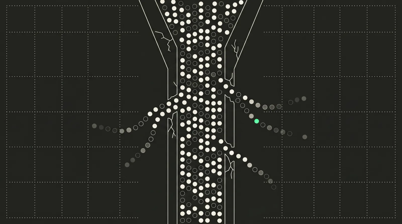 Fine-line editorial illustration: a stream of data dots flows down a channel, some solid (counted), some dotted (estimated), mixed without distinction; a share escapes through cracks and fades into the grid