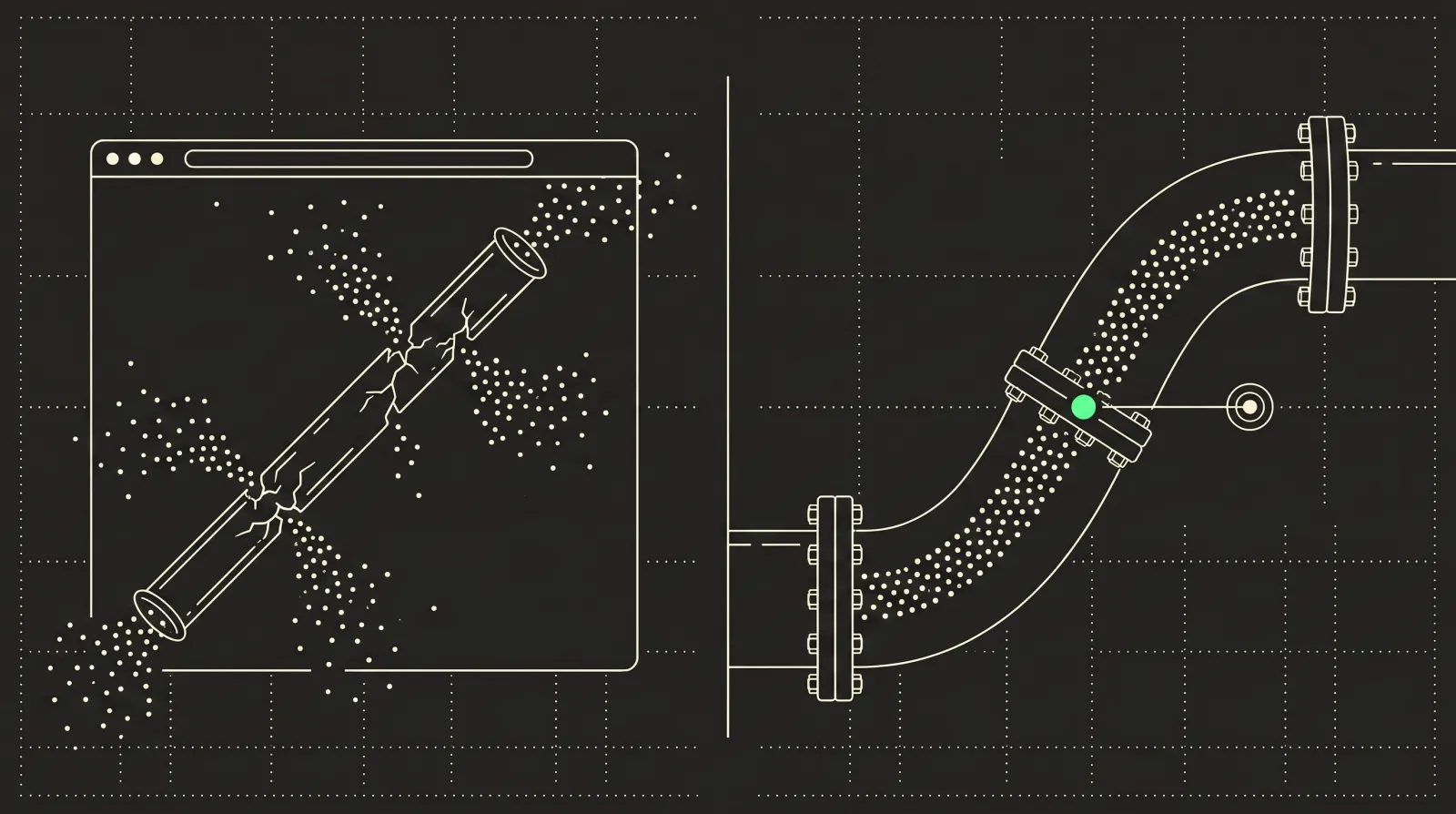 Fine-line editorial diptych illustration: on the left, a browser where a cracked glass tube leaks data dots; on the right, a bolted server conduit carrying the same flow intact