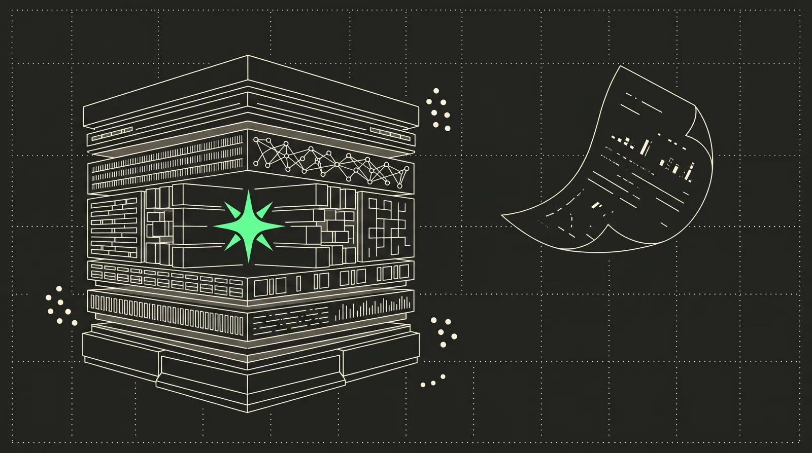 Fine-line editorial illustration: a data vault of stacked strata with a lime spark at its core, facing a flimsy report sheet curling and drifting away