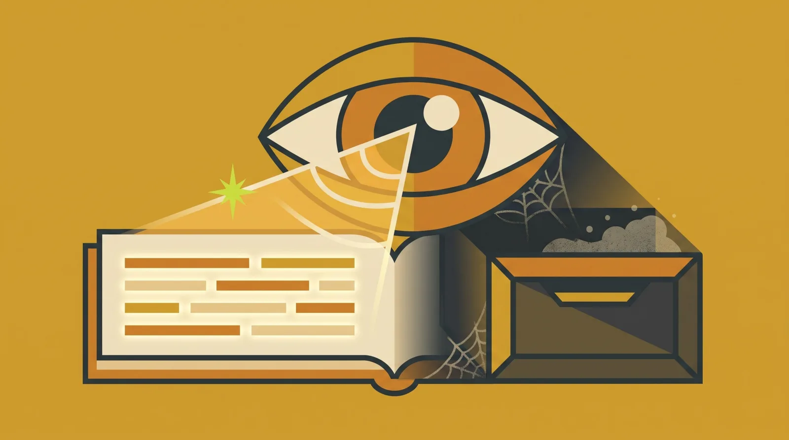 Illustration éditoriale rétro : un grand œil projette un faisceau qui lit le texte visible d'un livre ouvert, tandis qu'un tiroir caché et poussiéreux reste fermé et ignoré à côté.
