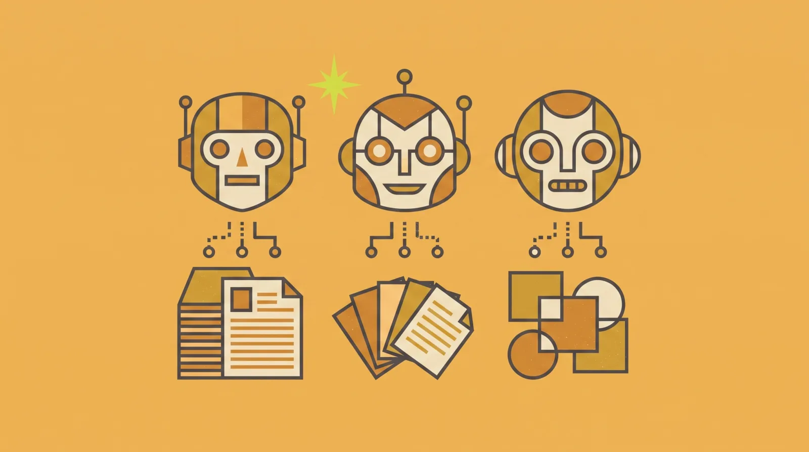 Illustration éditoriale rétro : trois têtes de robots-moteurs distinctes, chacune reliée à sa propre pile de sources différente (un document, des cartes éparses, des formes abstraites).